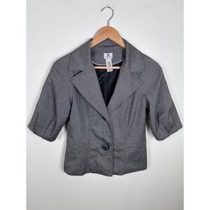 Y2K Worthington Petite Blazer‎ Cropped 3/4 Sleeve Jacket PS Gray Herringbone